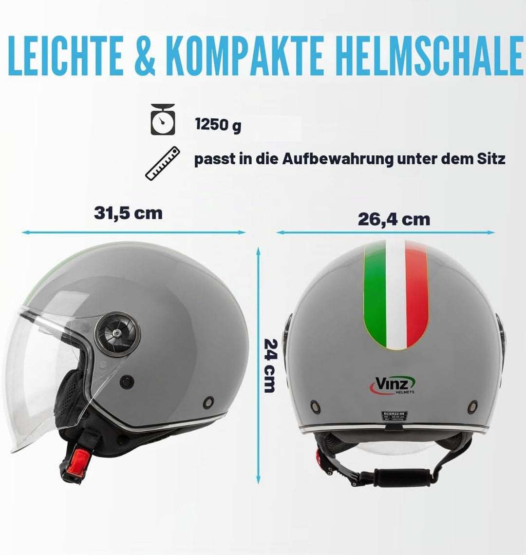 VINZ Neiva Jethelm mit Doppelvisier | Roller Helm Fashionhelm mit Italienische Flagge | In Gr. XS-XX