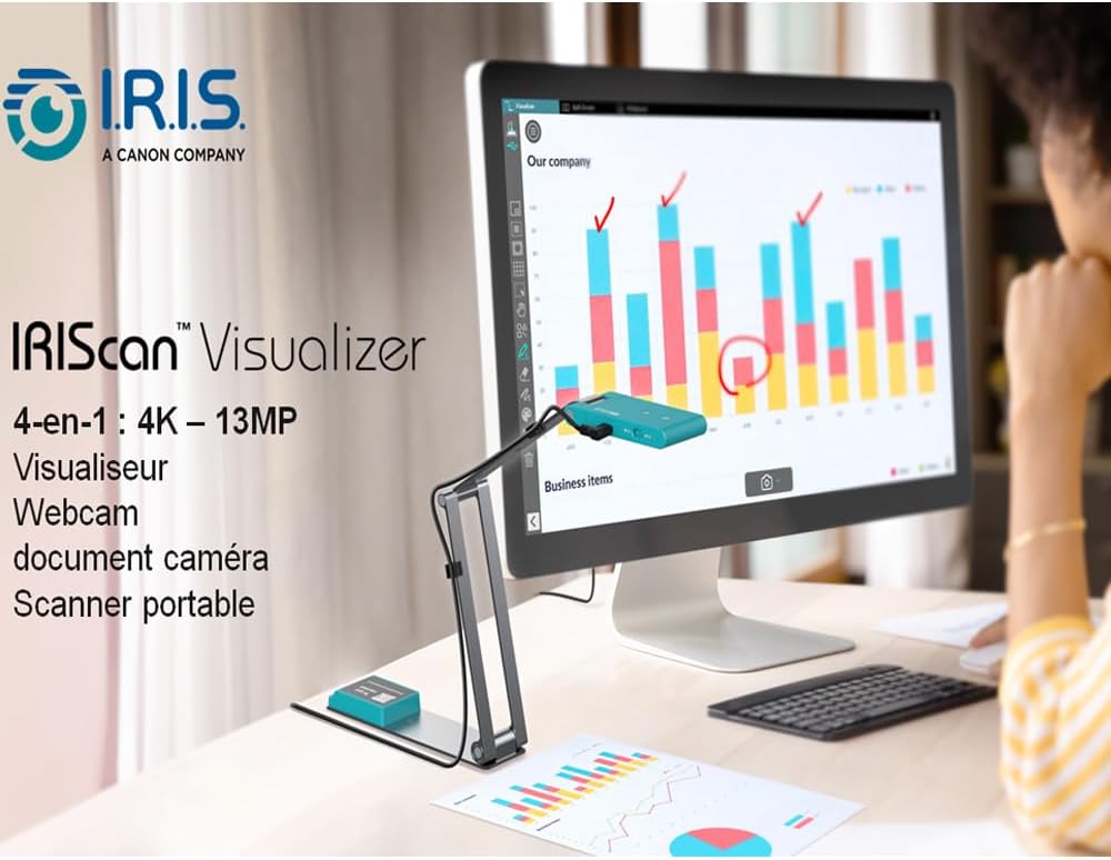 IRIScan Visualizer Webcam Dokumentenkamera v7: 4KUltraHD-13MP,Frei OCR Readiris PDF Editor,4-in-1, V