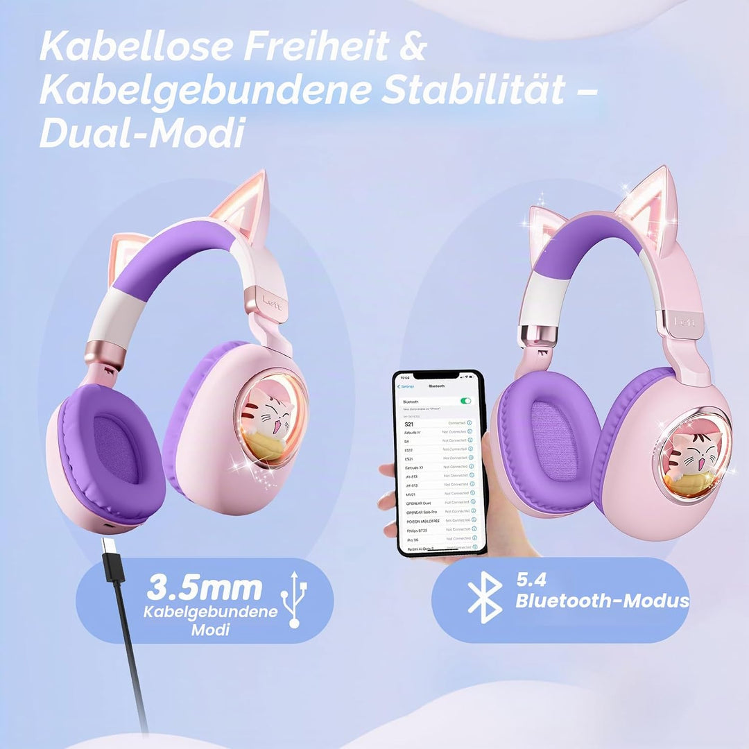 Kinder Kopfhörer mit Katzenohren, Bluetooth 5.4 Over-Ear Noise Cancelling Kopfhörer mit Mikrofon, LE