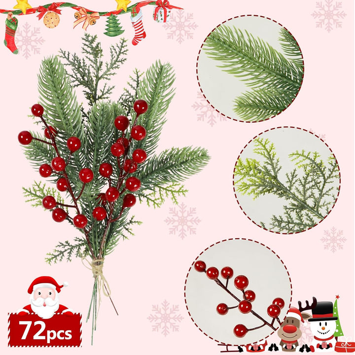 Famibay 72 Stück Tannenzweige Künstlich Rote Beeren Zweige Tannenzweige Weihnachten Kiefernzweige Kü