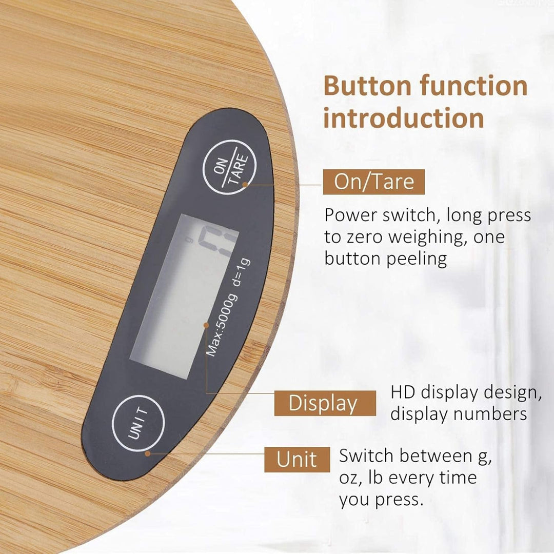 Küchenskala, 2 * AAA 5kg/1g Batterie Bambus Runde Elektrische Küchenwaage LED Anzeige, Digitale Küch