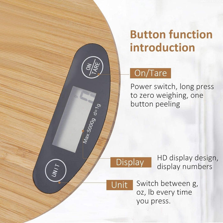 Küchenskala, 2 * AAA 5kg/1g Batterie Bambus Runde Elektrische Küchenwaage LED Anzeige, Digitale Küch