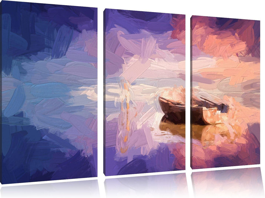 Pixxprint Einsames Boot auf See Pinsel Effekt 3-Teiler Leinwandbild 120x80 Bild auf Leinwand