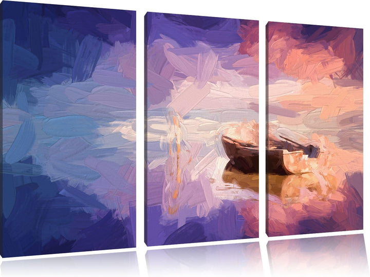 Pixxprint Einsames Boot auf See Pinsel Effekt 3-Teiler Leinwandbild 120x80 Bild auf Leinwand