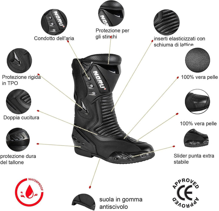 PRO FUTURE ASPIDEX Motorradstiefel aus Leder, verdrehsicher, Sliders 44 EU Schwarz, 44 EU Schwarz