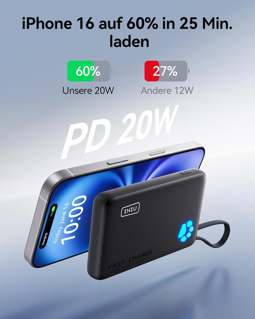 INIU Power Bank, Minigrösse 20W 10000mAh PowerBank mit Integriertem USB-C Kabel, PD3.0 QC4.0 USB C I
