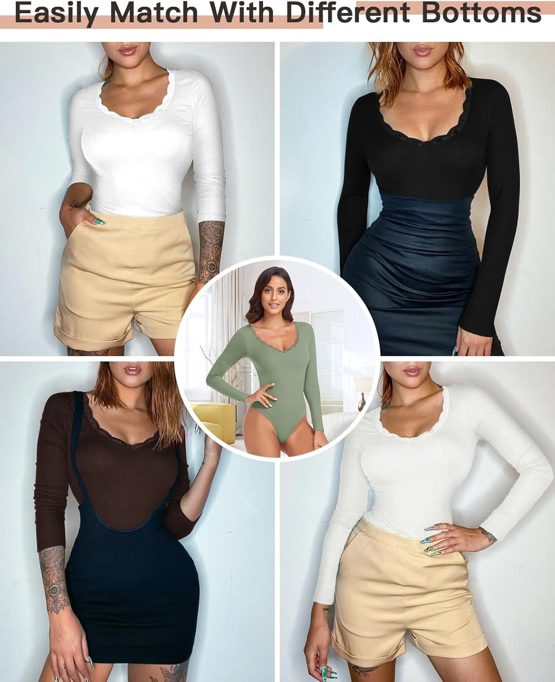 WOWENY Thermo Body Damen Langarm Elegant Langarmbody mit Spitze V-ausschnitt Fleece Bodysuit Warm Be