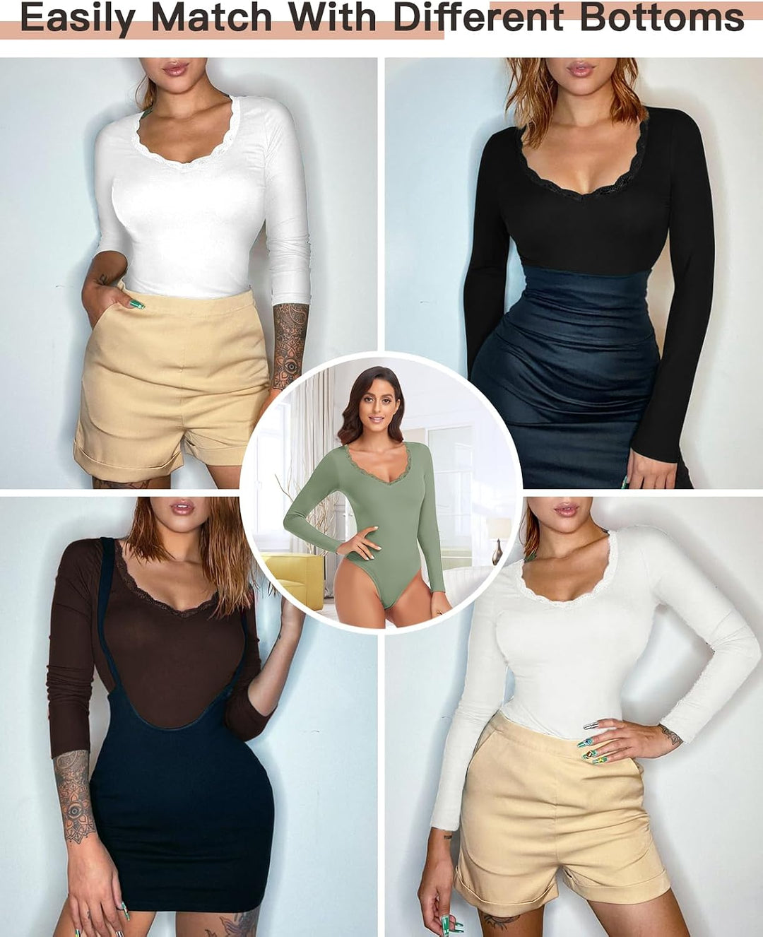 WOWENY Thermo Body Damen Langarm Elegant Langarmbody mit Spitze V-ausschnitt Fleece Bodysuit Warm Be