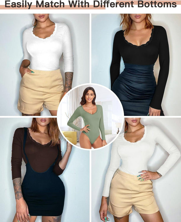 WOWENY Thermo Body Damen Langarm Elegant Langarmbody mit Spitze V-ausschnitt Fleece Bodysuit Warm Be