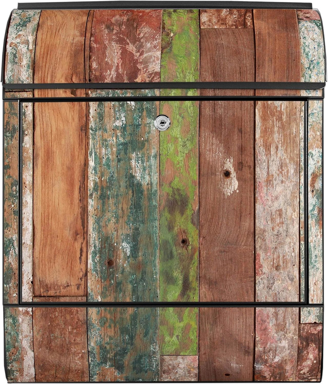 banjado® Design Briefkasten mit Motiv Buntes Holz 39x47x14cm &amp; 2 Schlüssel - Briefkasten Stahl schwa