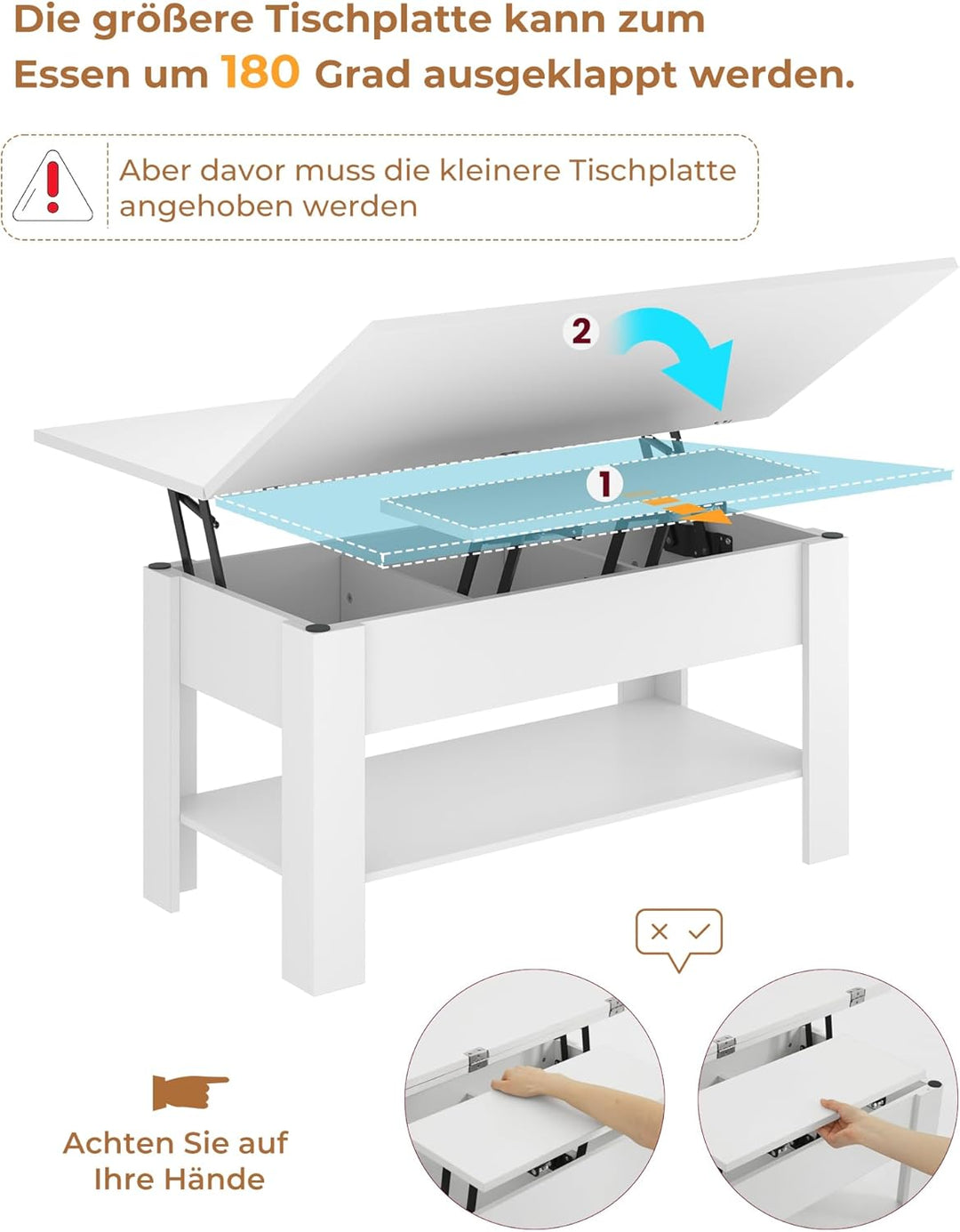 KIMENICH Couchtisch Höhenverstellbar, 3-in-1-Multifunktions-Wohnzimmertisch, Kaffeetisch, Versteckte