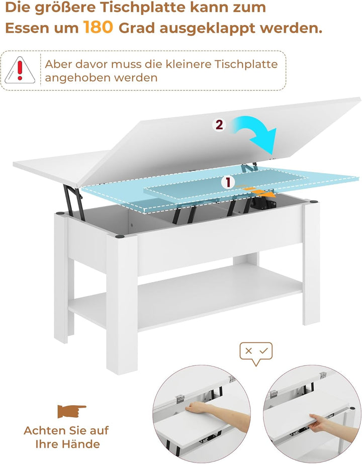 KIMENICH Couchtisch Höhenverstellbar, 3-in-1-Multifunktions-Wohnzimmertisch, Kaffeetisch, Versteckte
