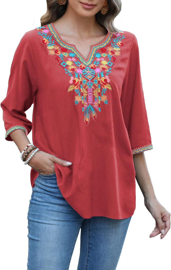Seasonal Boho Tunika Damen Sommer Mexikanische Blumen Bestickt V-Ausschnitt Top 3/4 Ärmel Hippie Los