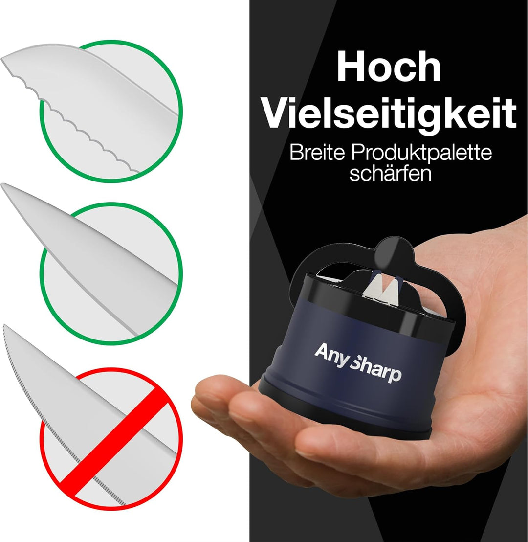 AnySharp Messerschärfer, Freihändige Sicherheit, PowerGrip Saugnapf, Sicheres Schärfen aller Küchenm