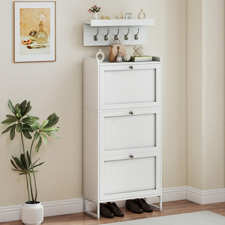 YITAHOME Schuhkipper Schmal Weiss mit Garderobe 5 Haken und 3 Klapptüren, Verstellbares Regal Schuhs