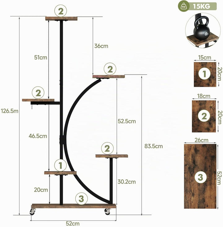 Pflanzenständer mit Wachstumslicht, Blumenständer 6 Stöckiges 125cm, Pflanzenregal Metall Holz mit F