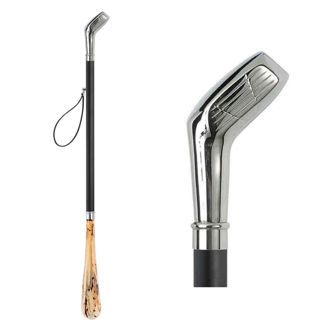 Design Schuhanzieher Schuhlöffel 70 cm mit silbernem Golfschläger als Griff, schwarzer Holzschaft
