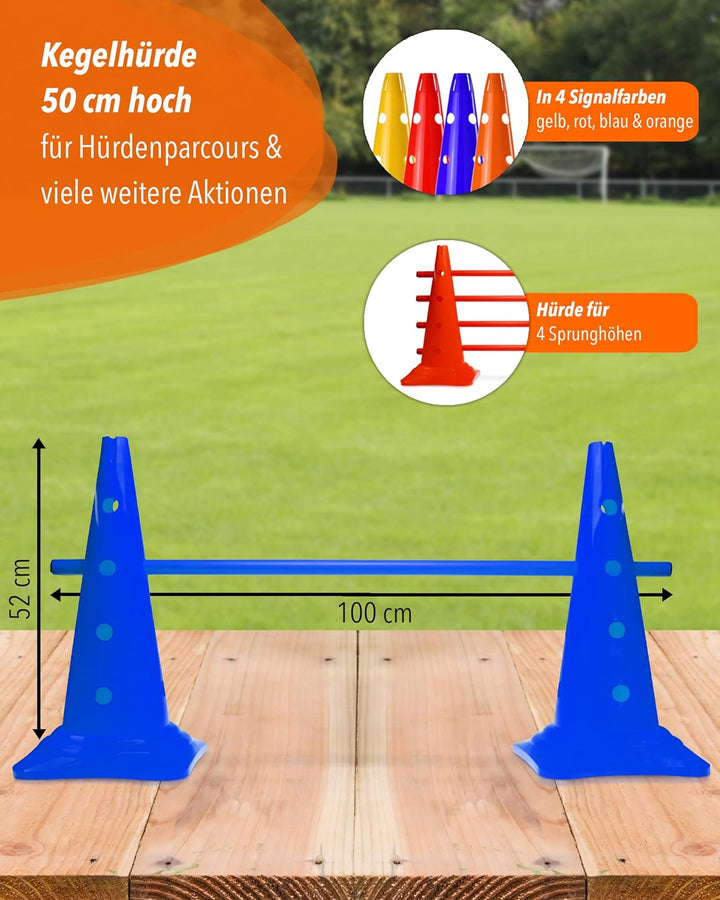 Kombi Kegel-Hürde 50 mit Stangen 100 cm – 4er Set – Parcours-Hindernis für Agility Training – Sprung