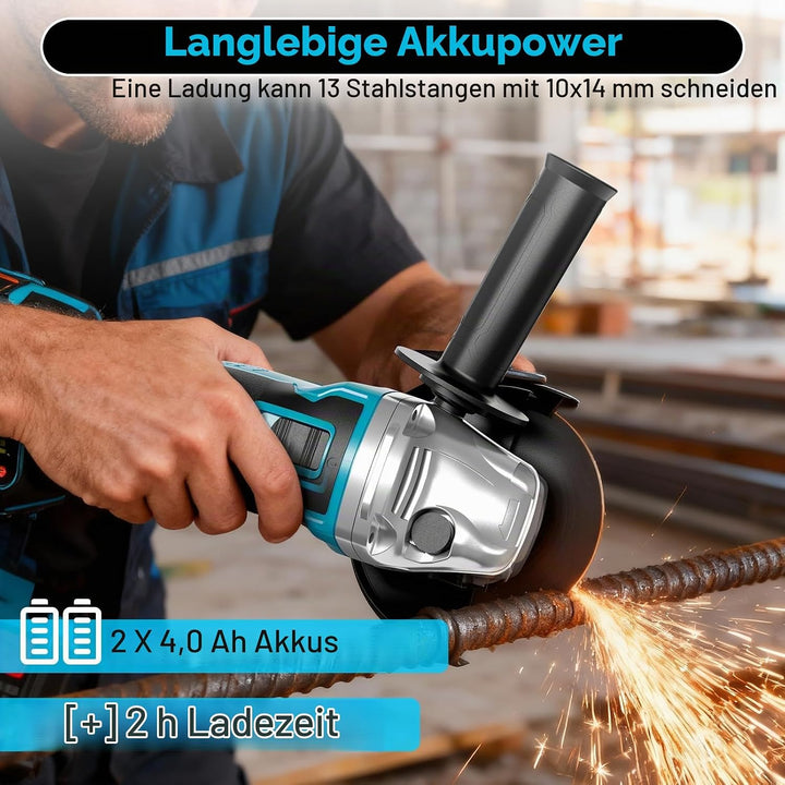 Akku Winkelschleifer 125mm, Flex Akku Winkelschleifer Set mit 2x 4.0Ah Akku, 1200W Bürstenloser Moto