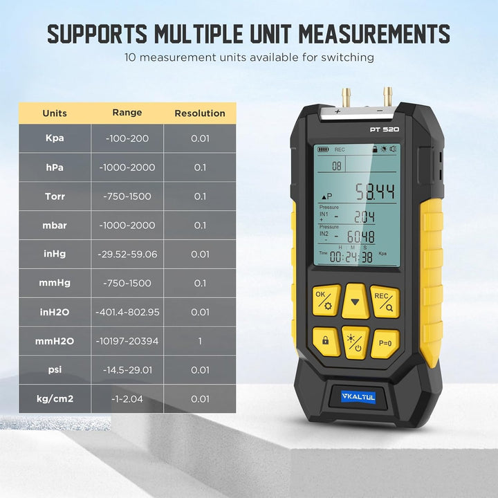 Digitales Manometer PT520,Manometer Wasser,Manometer Druckluft mit Hohem Genauigkeitswert, 10 Messwe