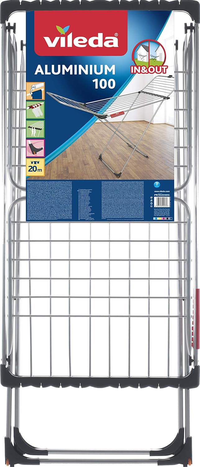 Vileda Aluminium 100 Wäscheständer ausziehbar, 20 m Trockenleinenlänge, extradicke Leinen, Kleinteil