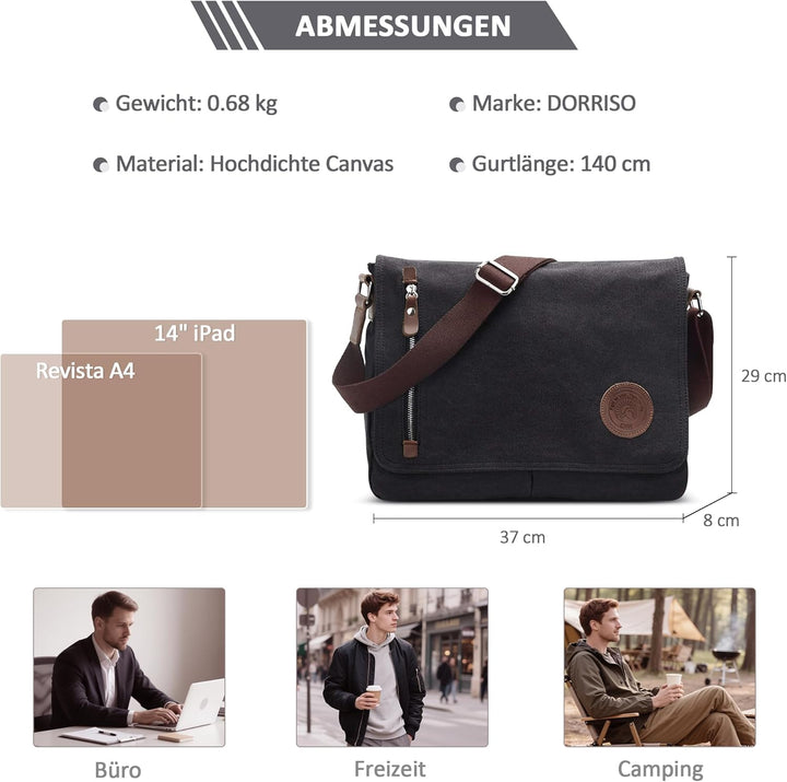 DORRISO Mode Umhängetasche Herren Schultertasche Canvas Schultertaschen für 14 Zoll Laptop Kuriertas