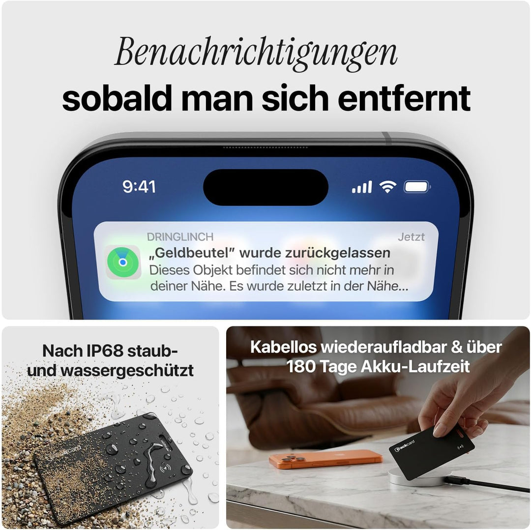 TRACKCARD® die Air Tag Karte im Kartenformat für die Brieftasche | Wiederaufladbar, smart & wasserdi