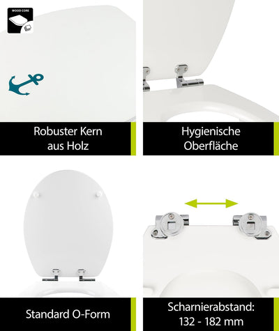 'aquaSu® WC-Sitz mit Absenkautomatik, Maritim Dekor Schiffsanker, Toilettensitz mit Holzkern, Fast F