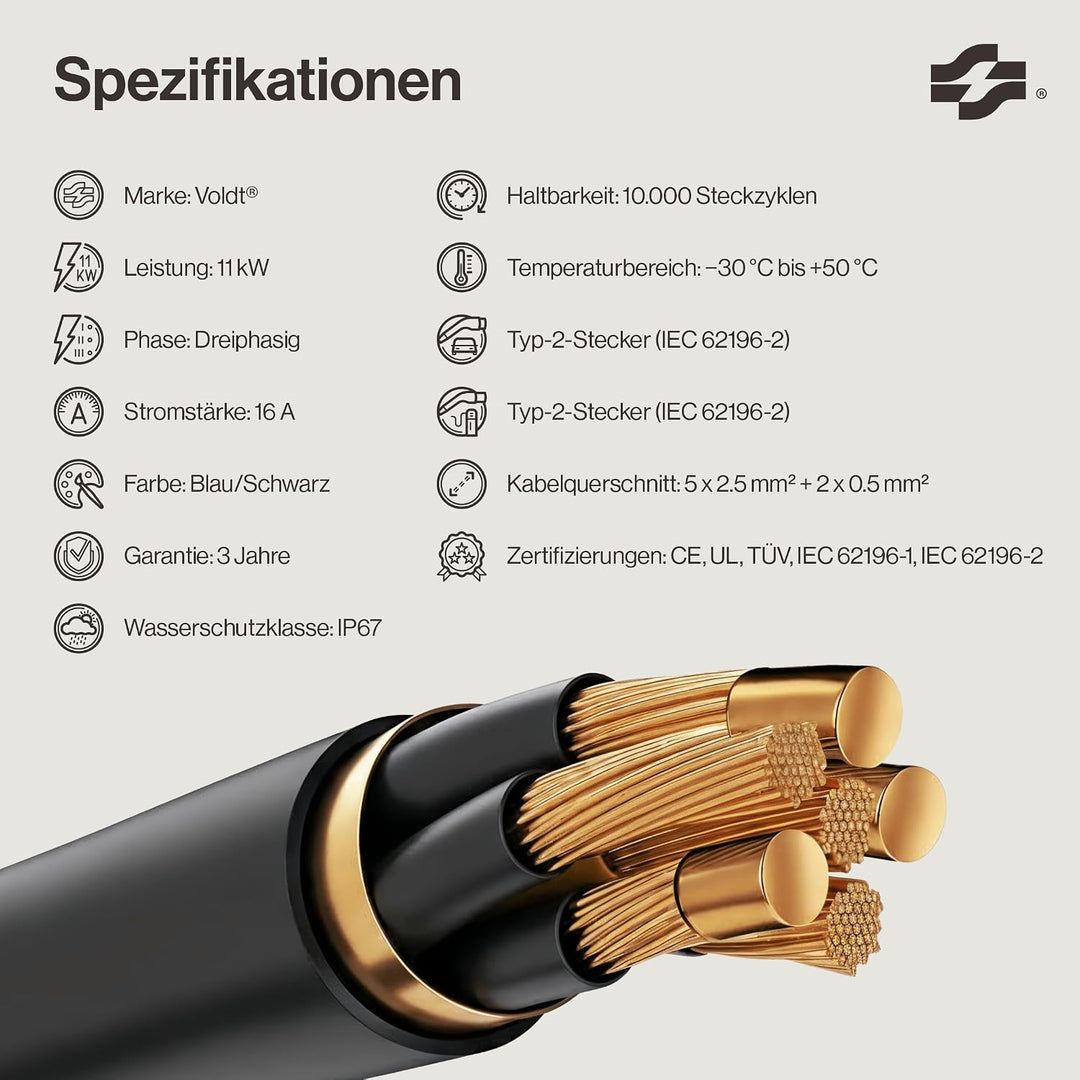 VOLDT Typ 2 Ladekabel 11 kW 16A, 3-phasig für EV Elektroautos PHEV, Typ 2 zu typ 2 Modus 3 Ladekabel