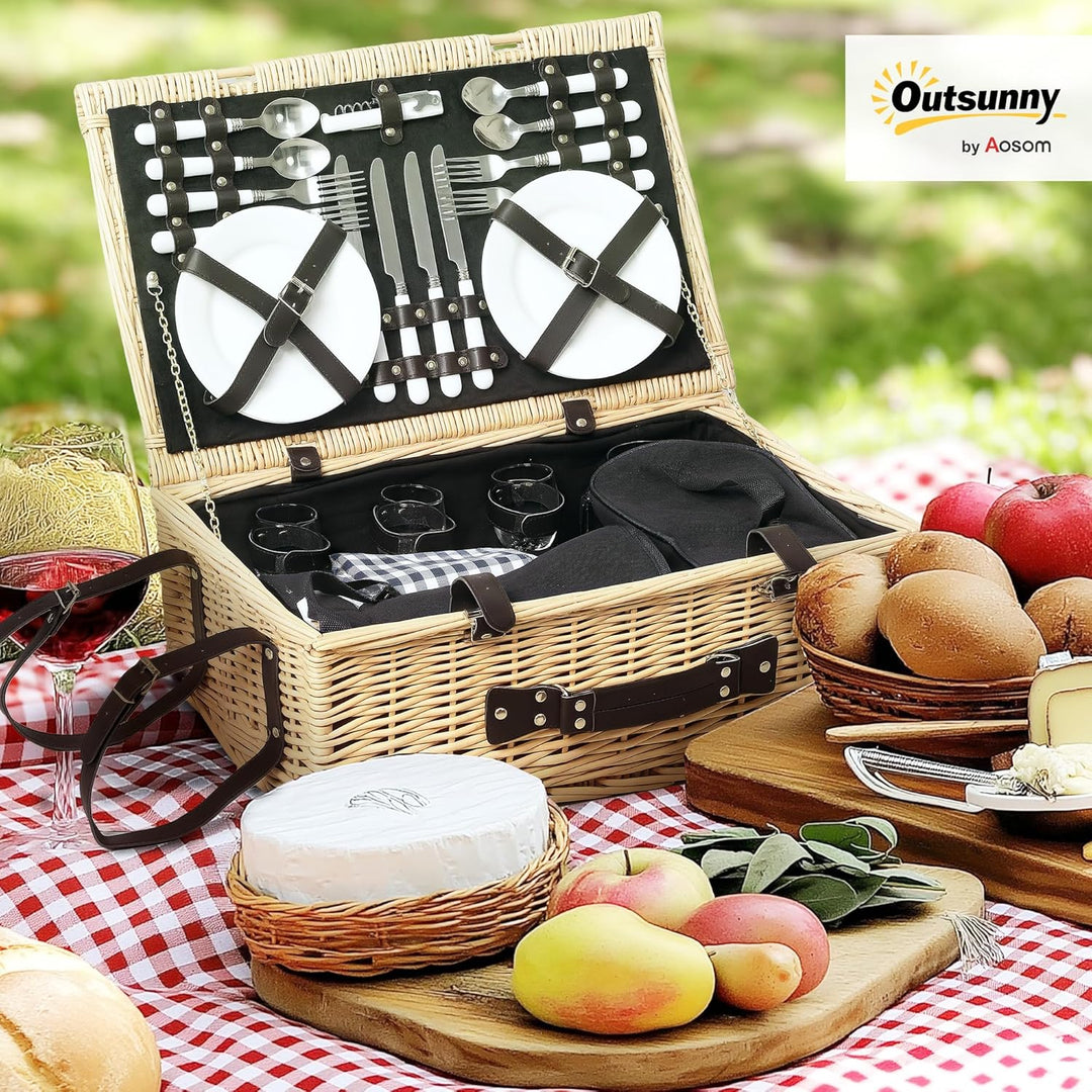 Outsunny Picknickkorb aus Weidenholz Picknickkoffer für 4 Personen mit Isoliert Kühlfach Picknickdec
