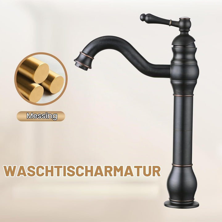 Badezimmer Waschbecken Mischer Hahn, reiner Kupfer Griff Einzel Loch Retro Badezimmer Hahn (Schwarz)