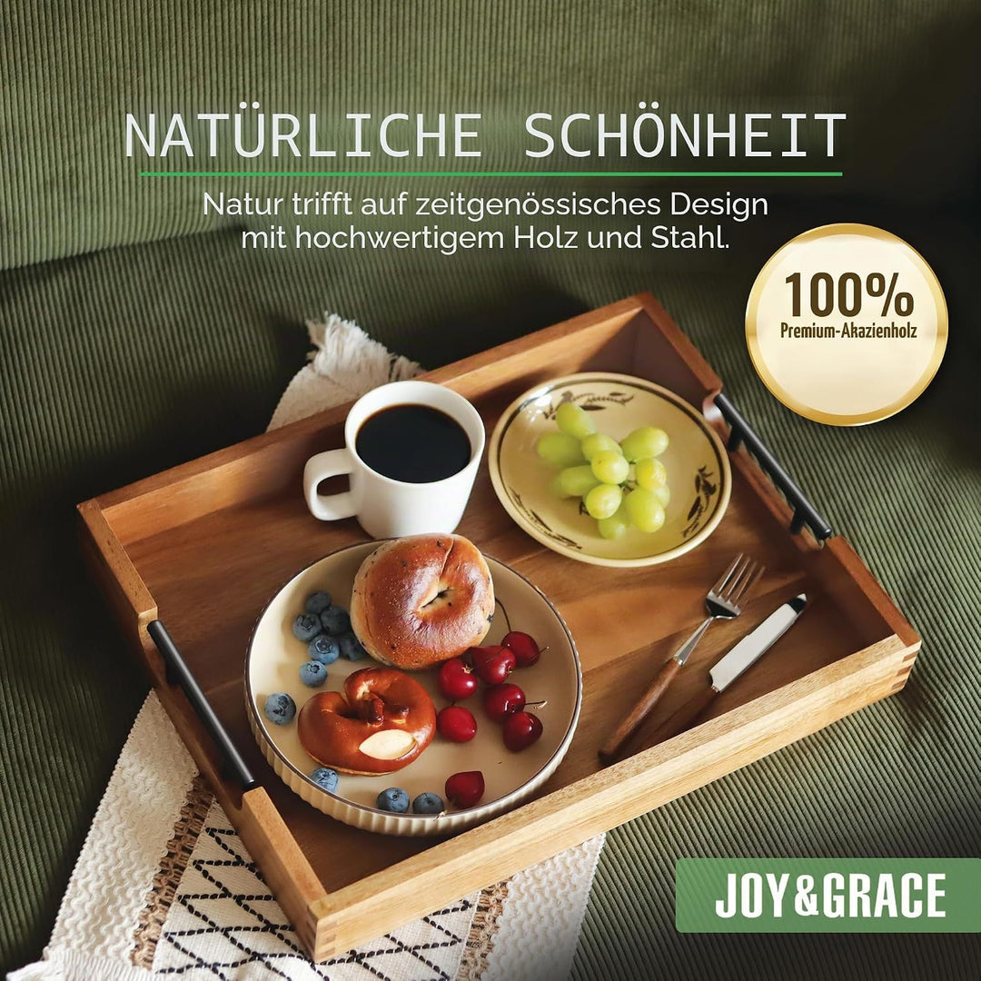 Joy&Grace Ottoman Tablett für Wohnzimmer, grosses Serviertablett aus Akazienholz mit Griffen, Holzta