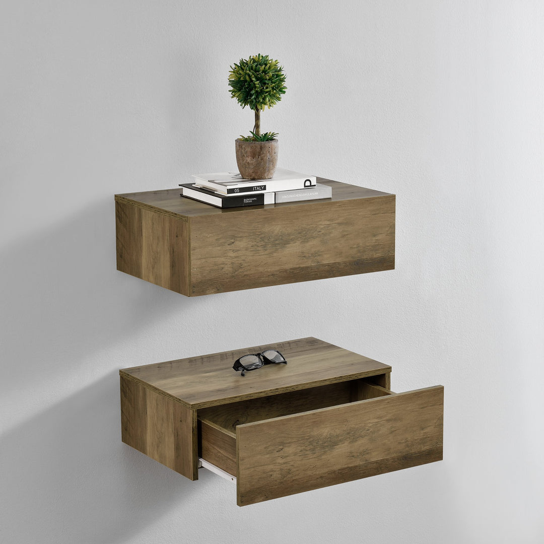 [en.casa] Wandregal Oslo mit Schublade 2er Set Nachttisch schwebende Nachtkommode Hängeregal Wandboa