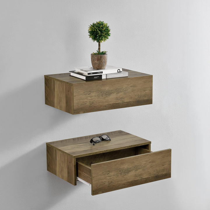 [en.casa] Wandregal Oslo mit Schublade 2er Set Nachttisch schwebende Nachtkommode Hängeregal Wandboa