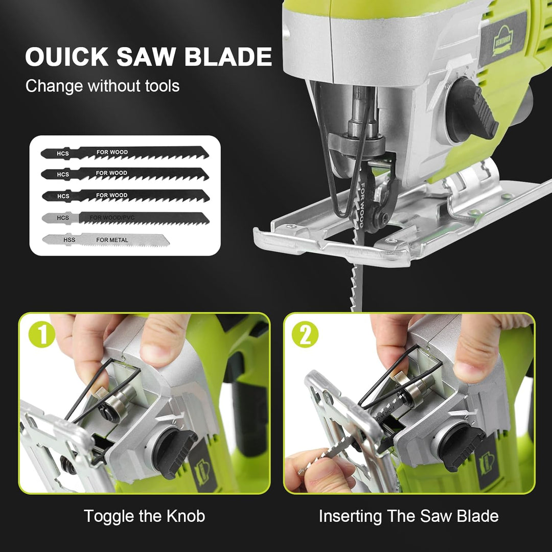 DEWINNER 20V 2.0Ah Akku Stichsäge,5 Sägeblätter für Holz, Metall, PVC, Keramikschneiden, Werkzeuglos
