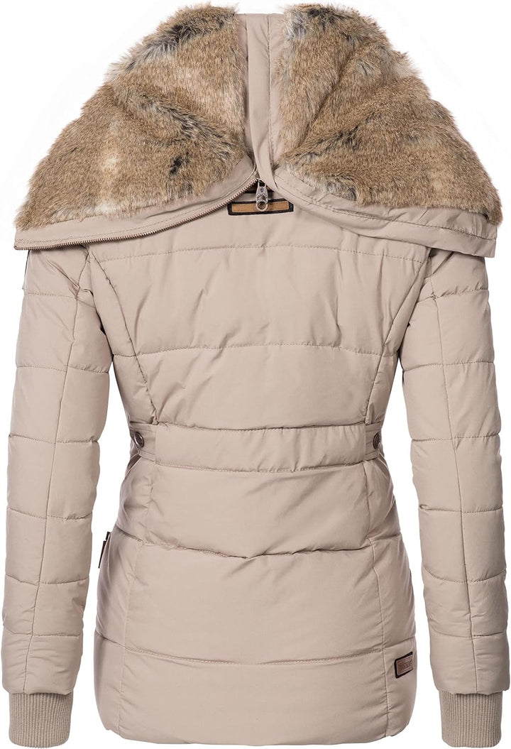 MARIKOO Damen Winterjacke warme Steppjacke mit Kunstfell Innenfutter Nekoo XS-3XL M Light Taupe, M L