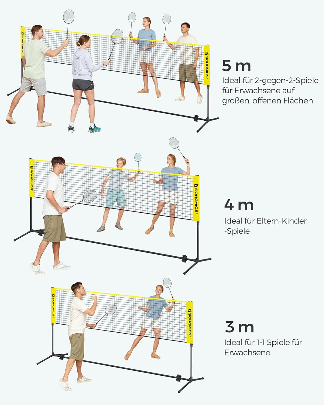 SONGMICS 300 cm/400 cm/500 cm Badmintonnetz, Volleyballnetz, höhenverstellbare Stangen, tragbares Se