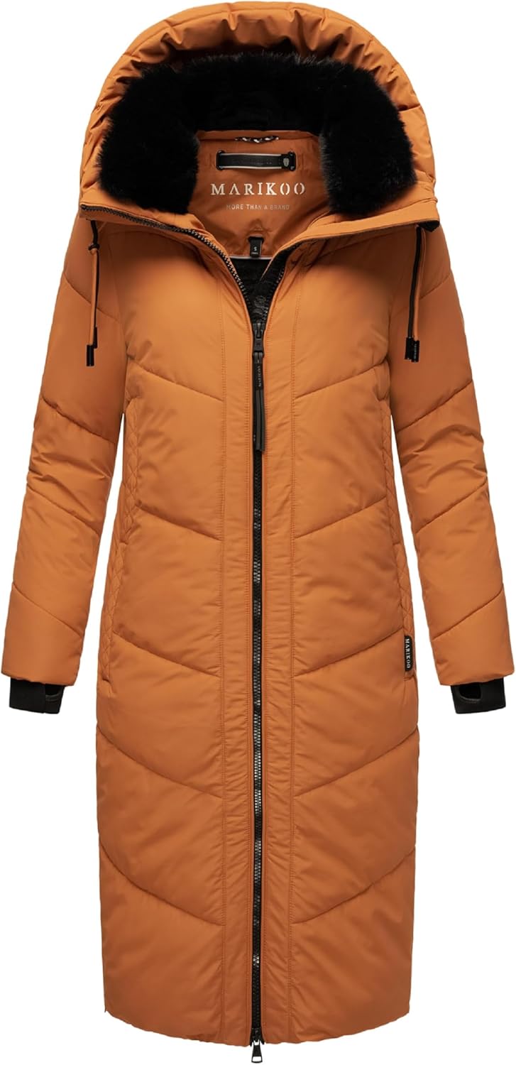 MARIKOO Damen Wintermantel Warmer Steppmantel lang mit Verstellbarer Kapuze und hohem Kragen Nadaree