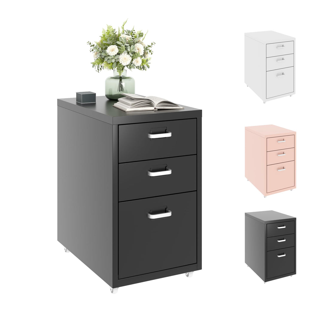 FLEXISPOT Rollcontainer Büroschrank mit 3 Schubladen, Aktenschrank Metallschrank Kommode mit Rädern,