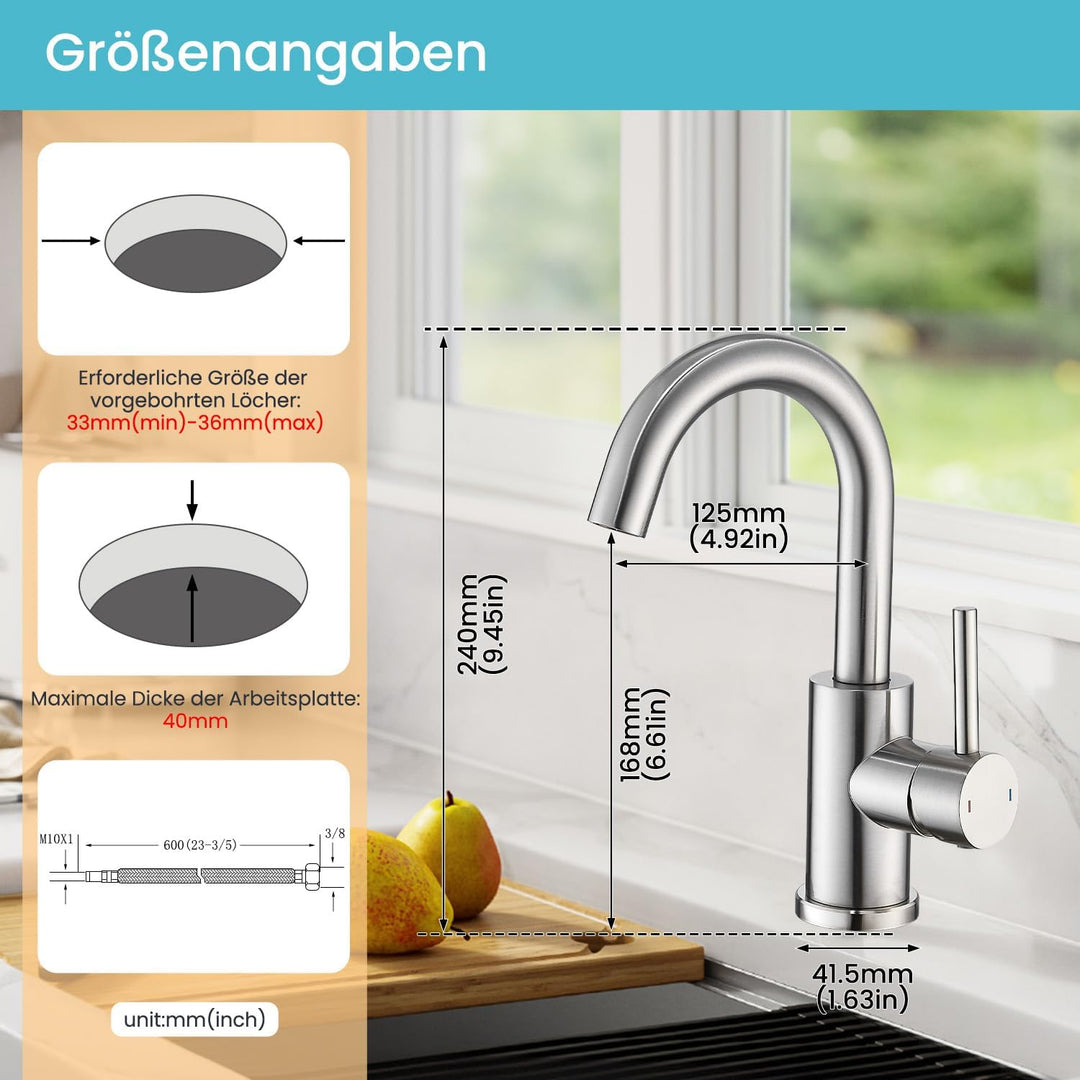 Wasserhahn Bad,Badarmatur/Küche Klein,360°drehbar,Einhebelmischer,Edelstahl Waschbeckenarmatur Gebür