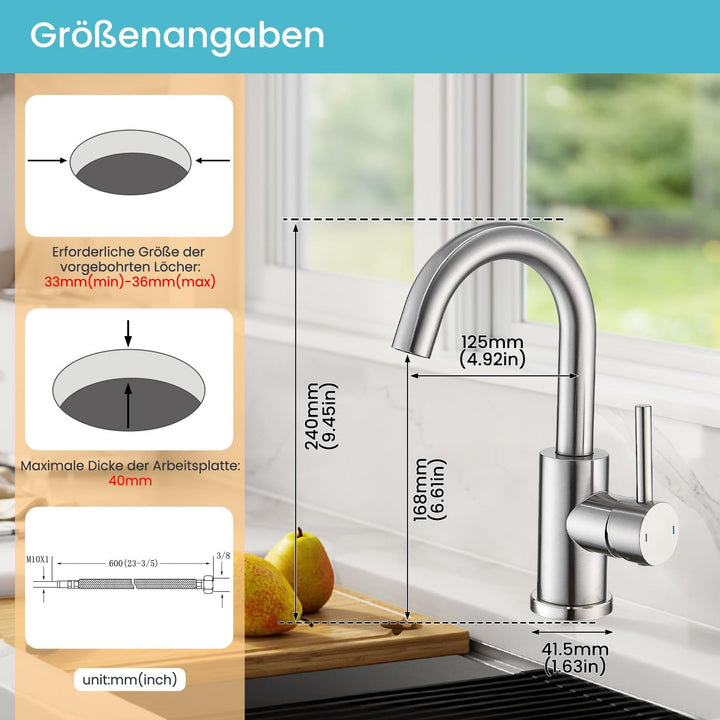 Wasserhahn Bad,Badarmatur/Küche Klein,360°drehbar,Einhebelmischer,Edelstahl Waschbeckenarmatur Gebür