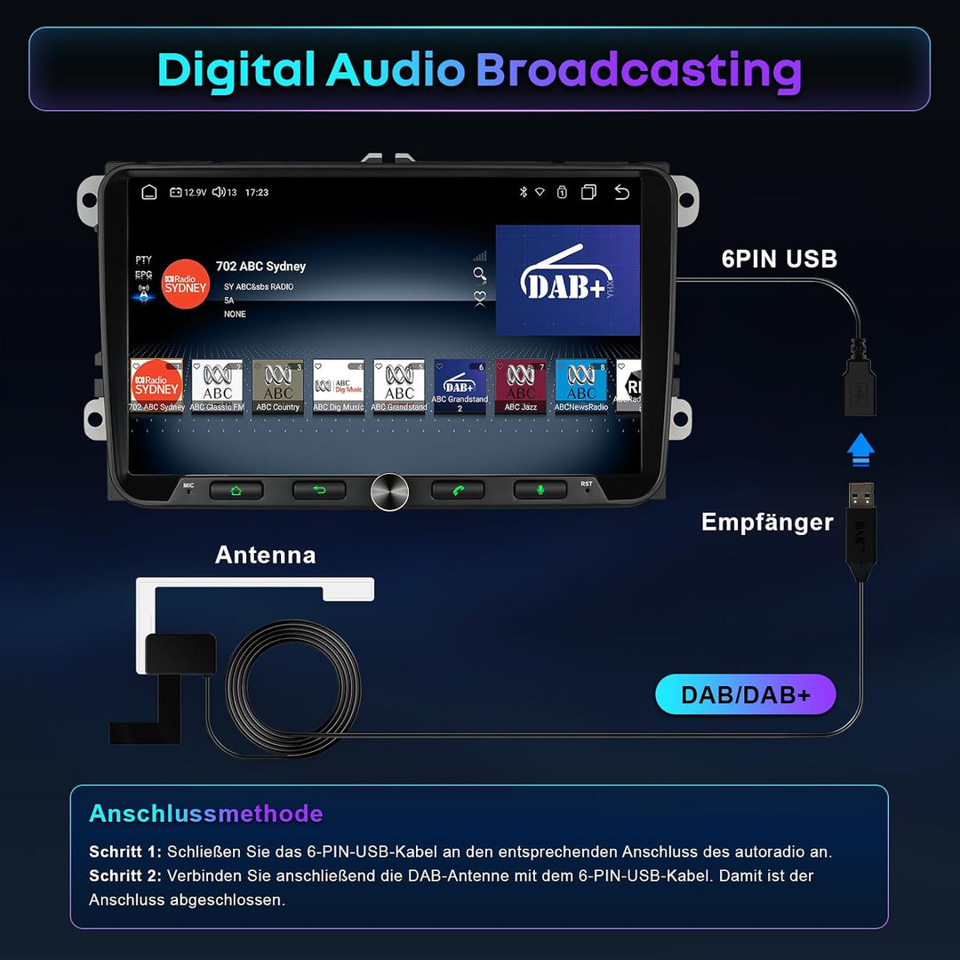 Android DAB Autoradio mit Bildschirm 8Core für VW Golf 5 6 T5 Polo 6R Caddy Skoda Seat Passat, 4G+64