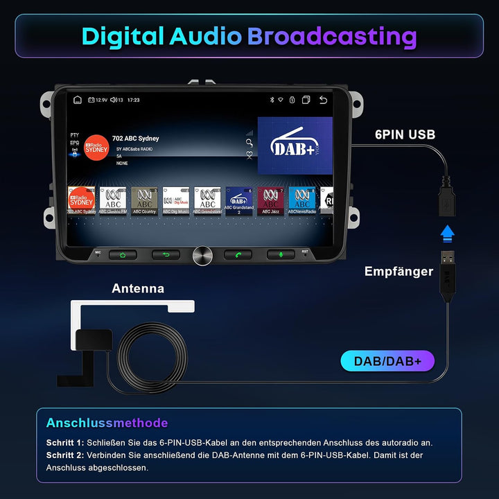 Android DAB Autoradio mit Bildschirm 8Core für VW Golf 5 6 T5 Polo 6R Caddy Skoda Seat Passat, 4G+64