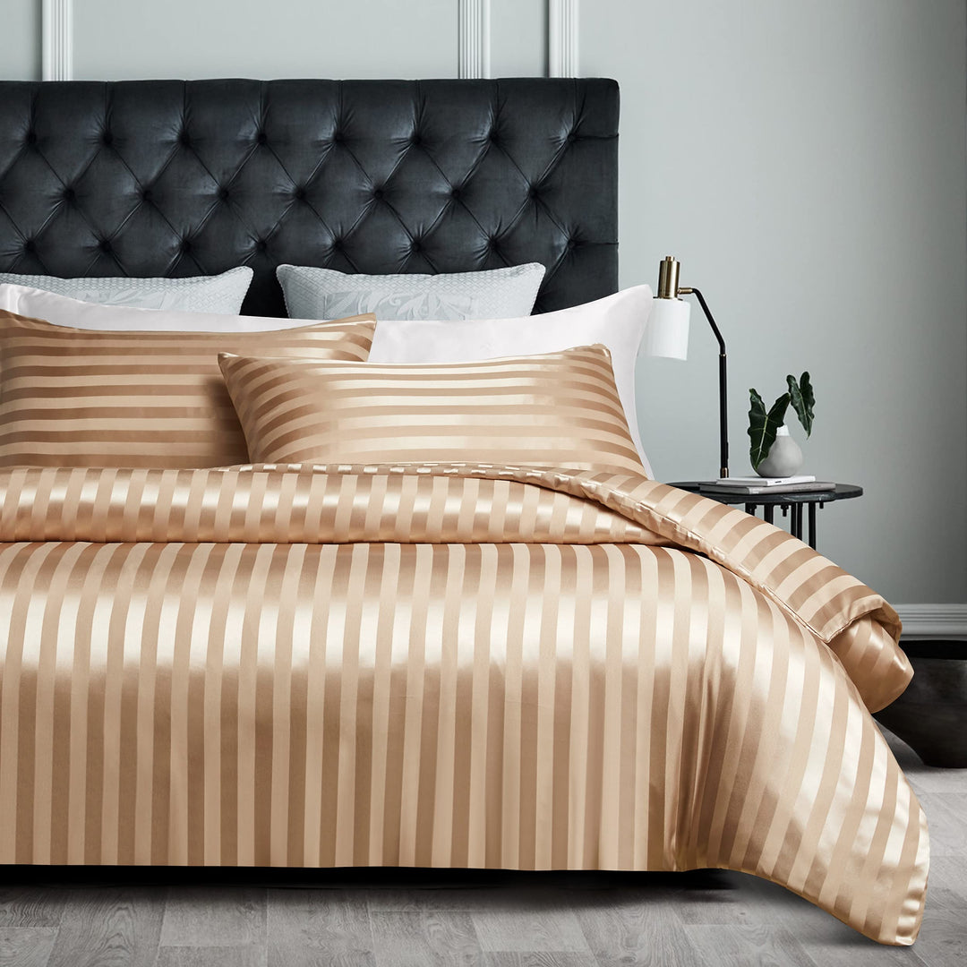 Damier Bettwäsche 200x200 Beige Satin Seidig Bettwäsche Set 3 teilig Luxus Glanzsatin gestreift Bett