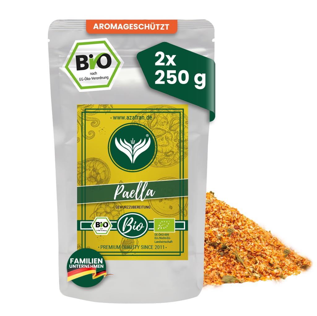 Azafran BIO Paella Gewürz mit Safran, Gewürzzubereitung für die perfekte Reis Pfanne, Gewürzmischung