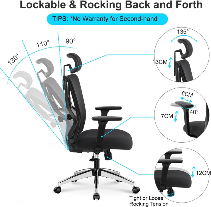 Ticova Bürostuhl Ergonomisch Schreibtischstuhl, Hoher Rücken Ergonomischer Stuhl mit Verstellbarer L