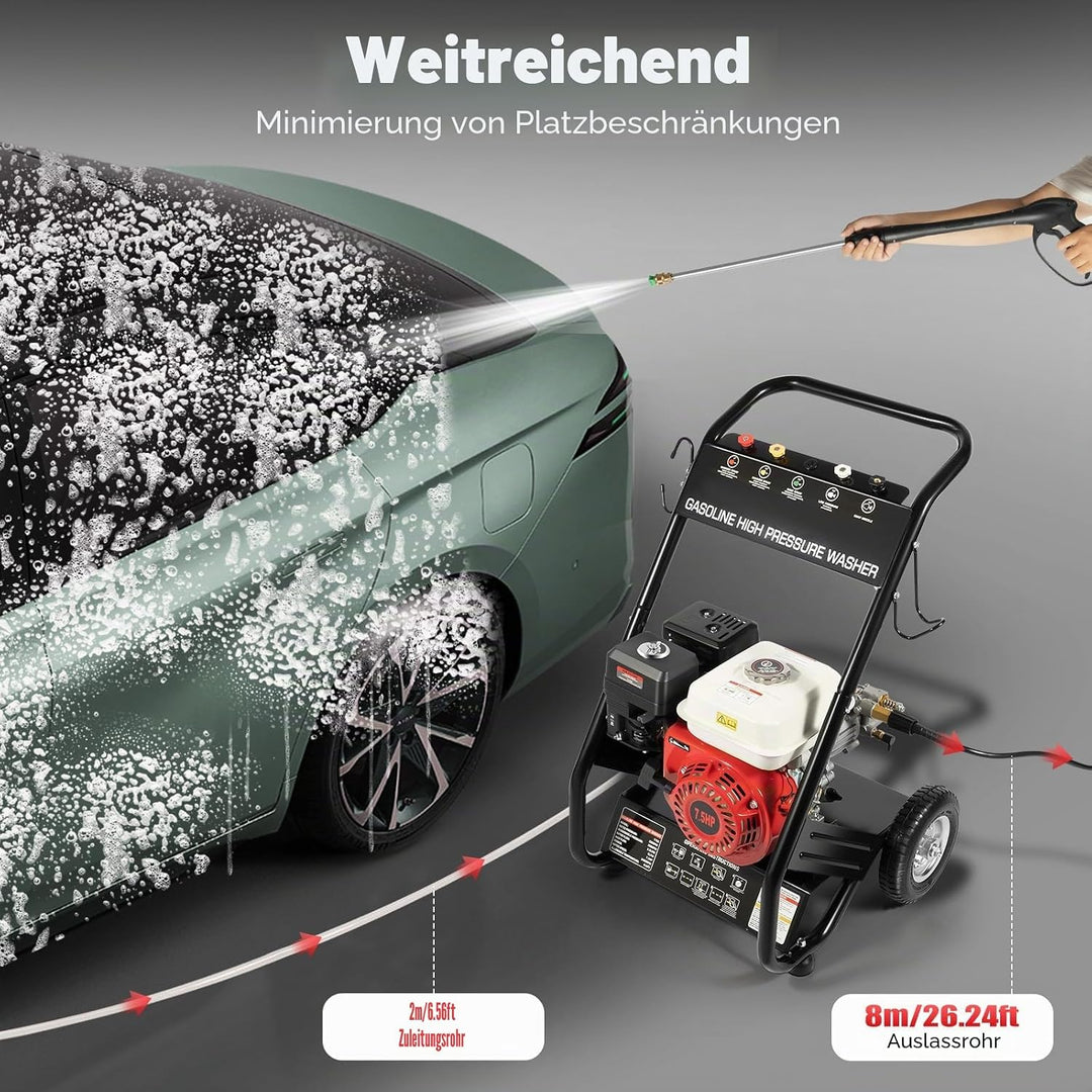 4-Takt Benzin 7,5PS Profi Hochdruckreiniger mit 5 Düsen und Schlauch, 170-190 Bar Benzinmotor Fläche