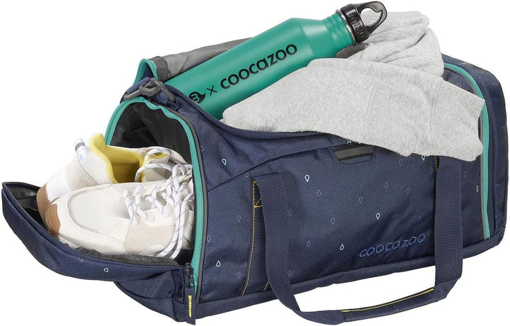 coocazoo Sporttasche „Happy Raindrops”, blau, Hauptfach, Nasswäschefach, Seitentasche, Reflektoren,
