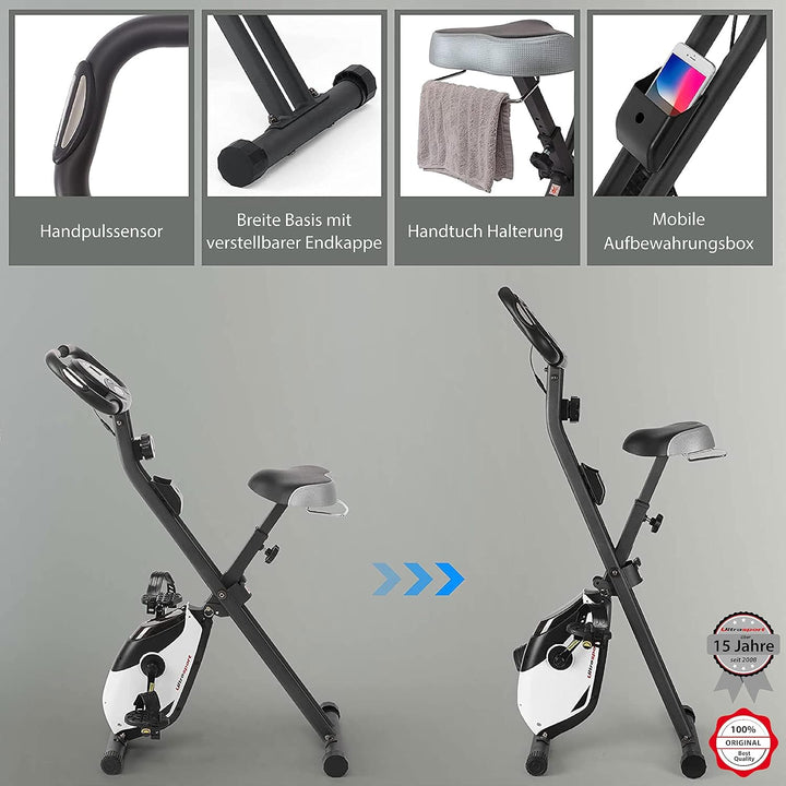 Ultrasport F-Bike, Fahrradtrainer, Heimtrainer, faltbares Fitnessfahrrad, integrierter Trainingscomp