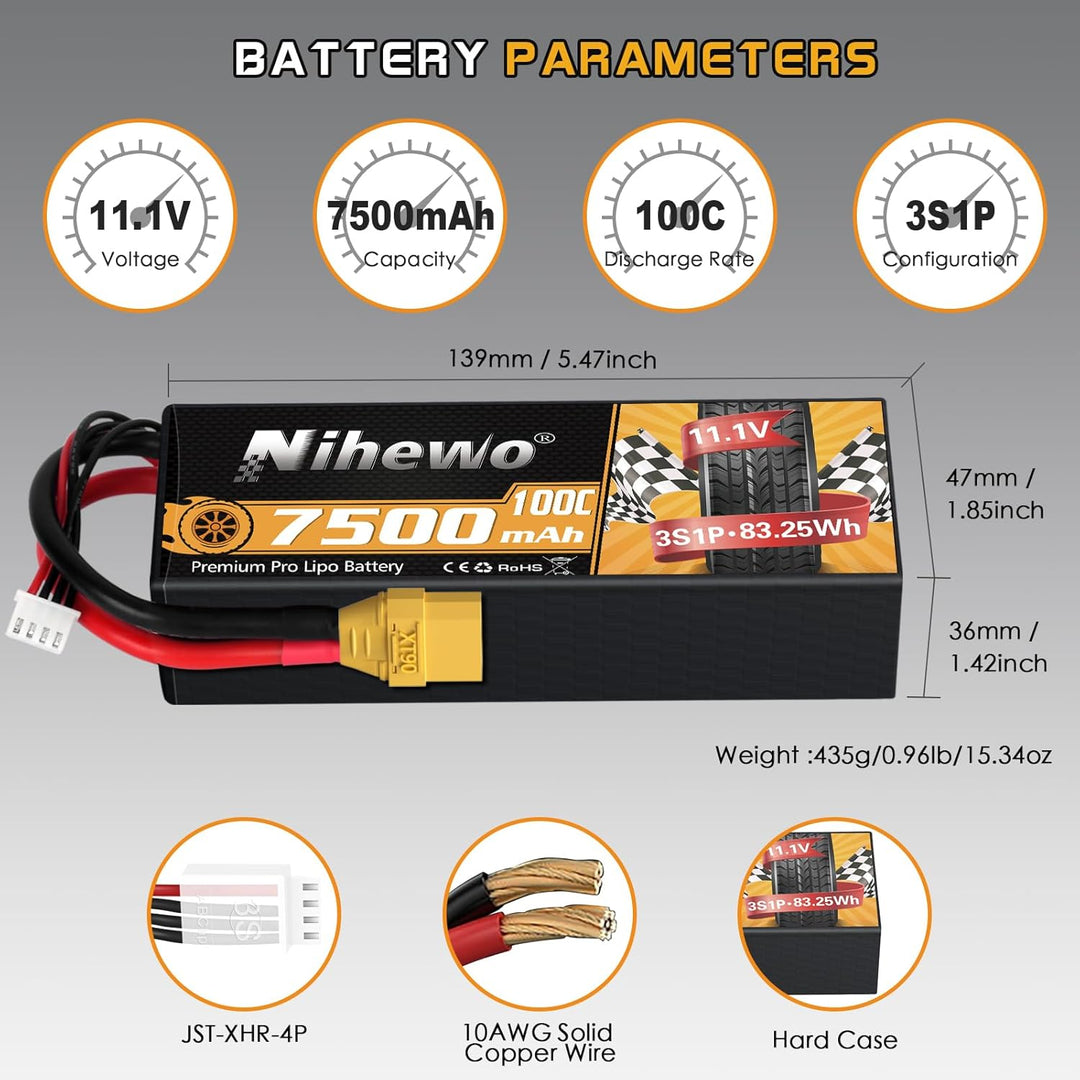 3S Lipo-Akku, 2 Packungen RC-Akku 11,1V 7500mAh 100C 3S Lipo-Hartschalengehäuse XT90-Anschluss kompa